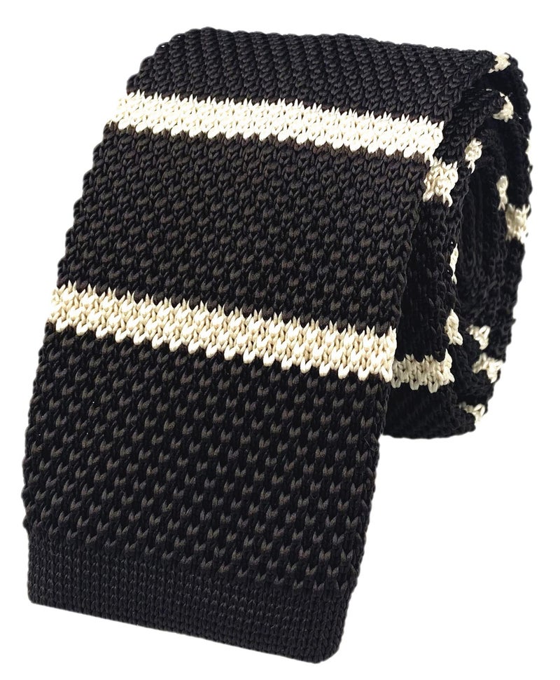 Secdtie Men's Big Boys Preppy Wide Briton Stripe Dark Brown Knitted Tie White Novelty Necktie with Flat Bottom - Image 1